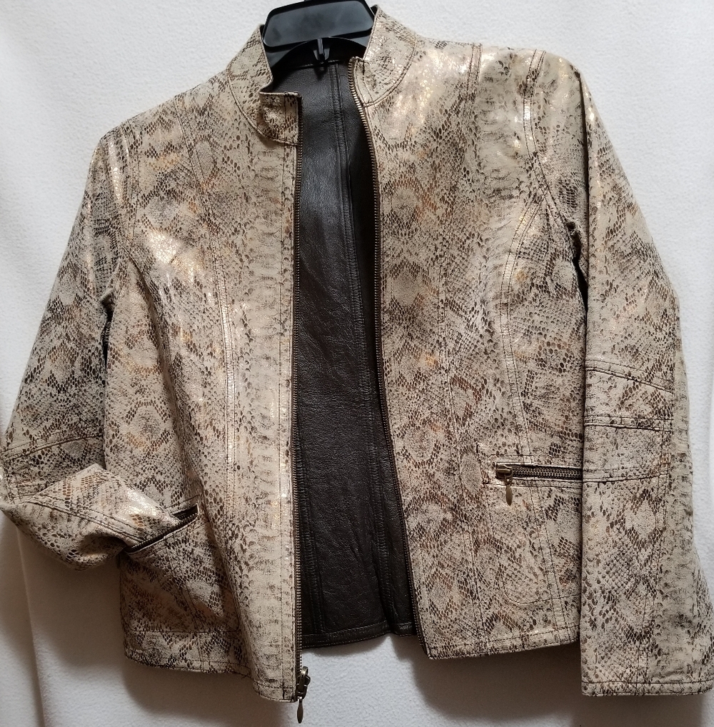 Snake Print And Brown Leather Reversible Zip Jacket